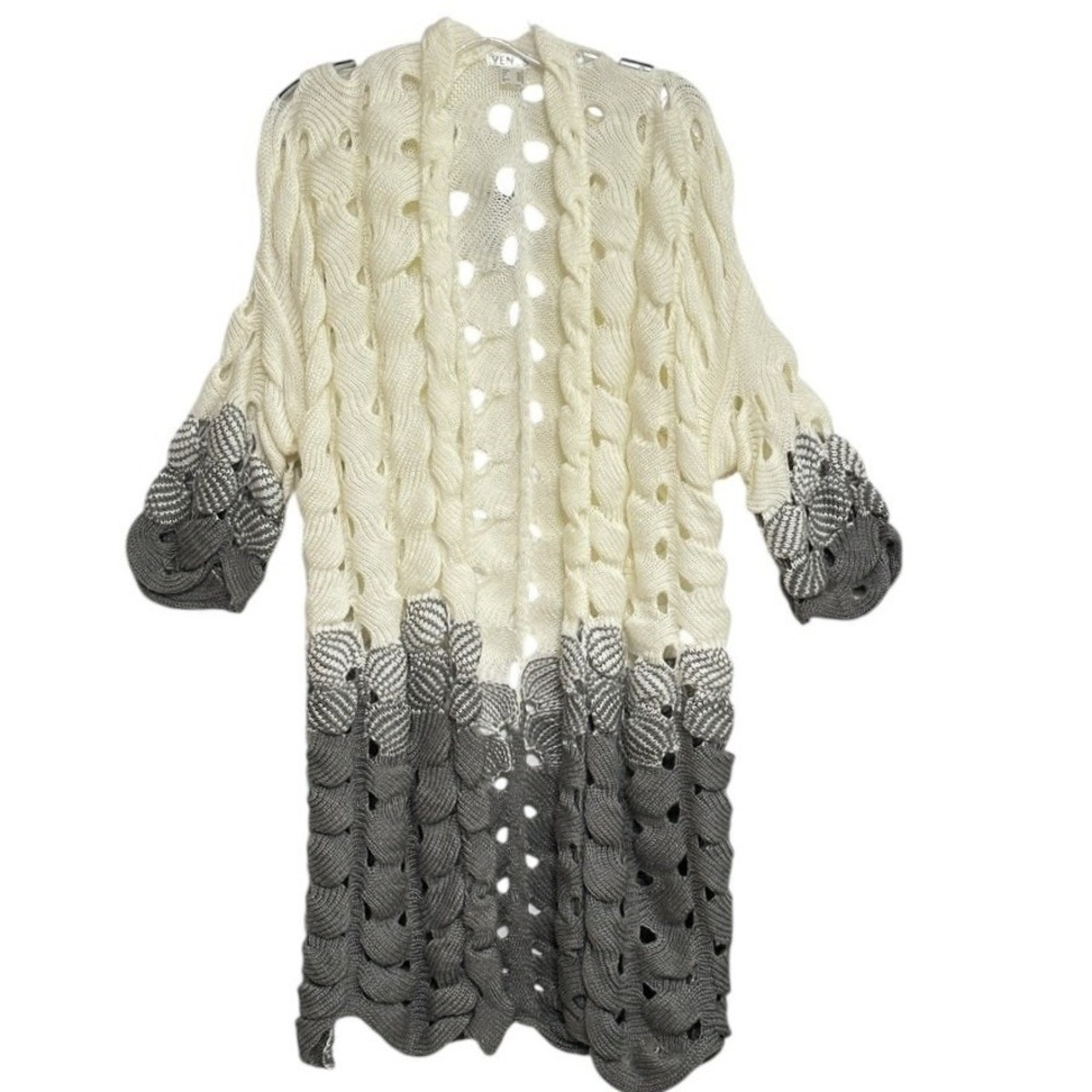 Venus Cardigan Sweater Women Cream Gray Ombre Chunky Open Knit Coastal Grandma M